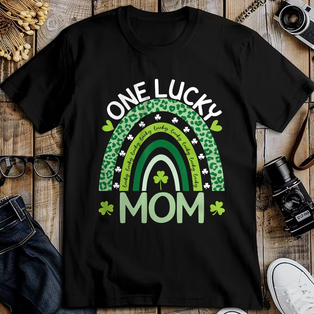 Gift for Mom Shirt, Funny Mom Unisex T-Shirt/Hoodie/Sweatshirt HLT00 - One Lucky Mom Leopard Rainbow St Patricks Day Clover Long Sleeve T-Shirt
