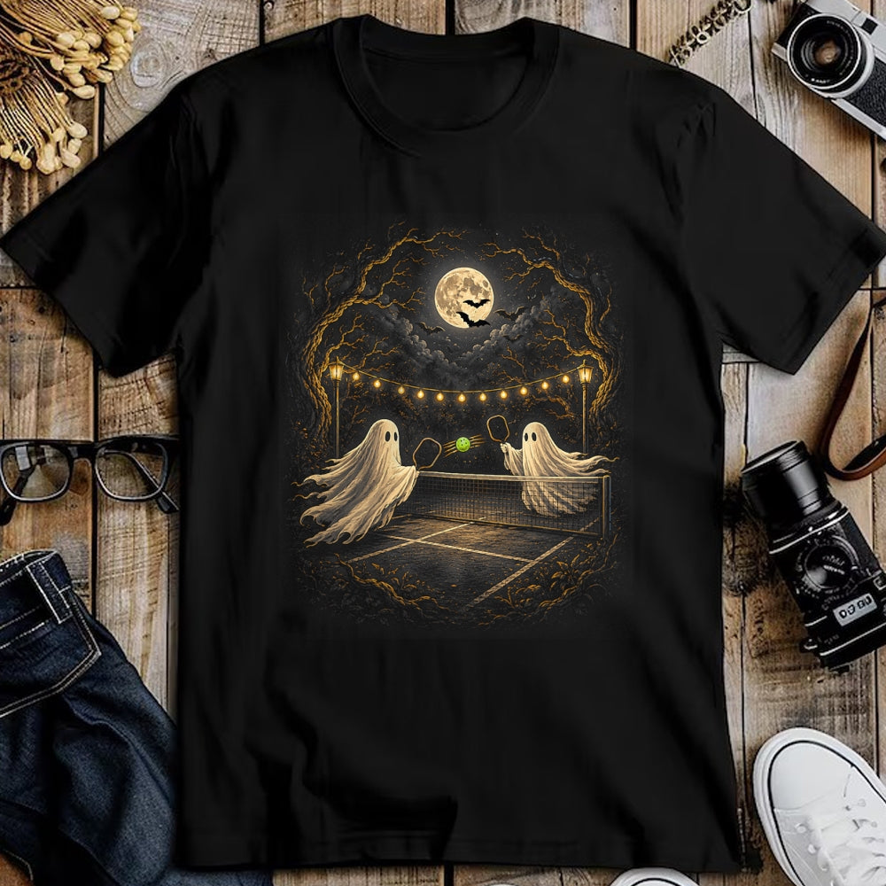Funny Pickleball Shirt, Pickleball Lover Unisex T-Shirt/Hoodie/Sweatshirt HLT00 - Ghosts on Court Full Moon Bats Ghostly Halloween Pickleball T-Shirt