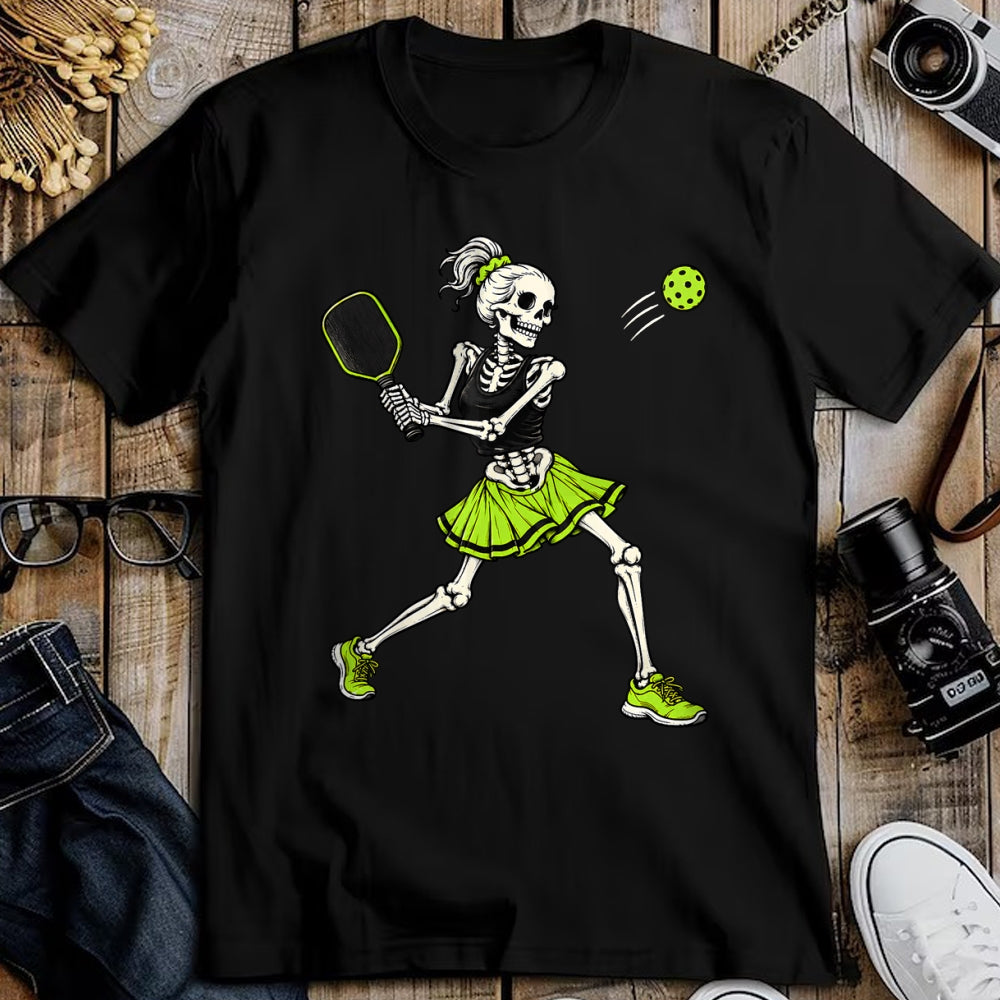Funny Pickleball Shirt, Pickleball Lover Unisex T-Shirt/Hoodie/Sweatshirt HLT00 - Funny Pickleball Skeleton Halloween Sport Spooky Women Girls T-Shirt