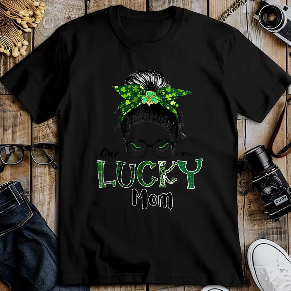 Gift for Mom Shirt, Funny Mom Unisex T-Shirt/Hoodie/Sweatshirt HLT00 - One Lucky Mom St Patricks Day Shamrock Messy Bun T-Shirt