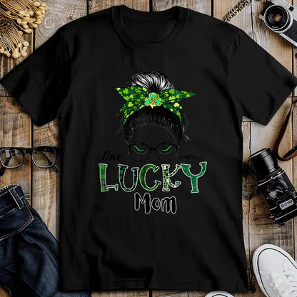 Gift for Mom Shirt, Funny Mom Unisex T-Shirt/Hoodie/Sweatshirt HLT00 - One Lucky Mom St Patricks Day Shamrock Messy Bun T-Shirt