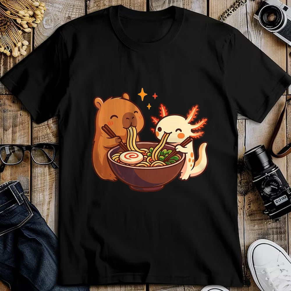 Cute Capybara Shirt, Funny Capybara Unisex T-Shirt/Hoodie/Sweatshirt HLT00 - Capybara with Axolotl Eats Noodles Ramen Kawaii T-Shirt, Men, Black, 3X-Large