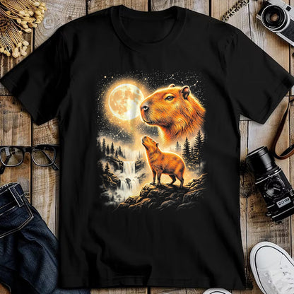 Cute Capybara Shirt, Funny Capybara Unisex T-Shirt/Hoodie/Sweatshirt HLT00 - Capybara Howling At The Moon Forest Waterfall Art T-Shirt