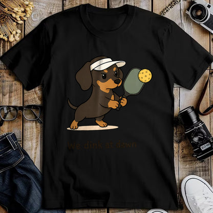 Funny Pickleball Shirt, Pickleball Lover Unisex T-Shirt/Hoodie/Sweatshirt HLT00 - Funny Pickleball Dachshund Pickleball Dog We Dink at Dawn T-Shirt
