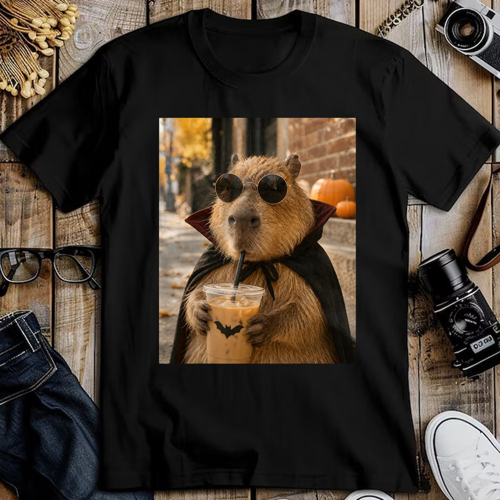 Cute Capybara Shirt, Funny Capybara Unisex T-Shirt/Hoodie/Sweatshirt HLT00 - Capybara Vampire Drinking Iced Coffee Halloween Funny Meme T-Shirt