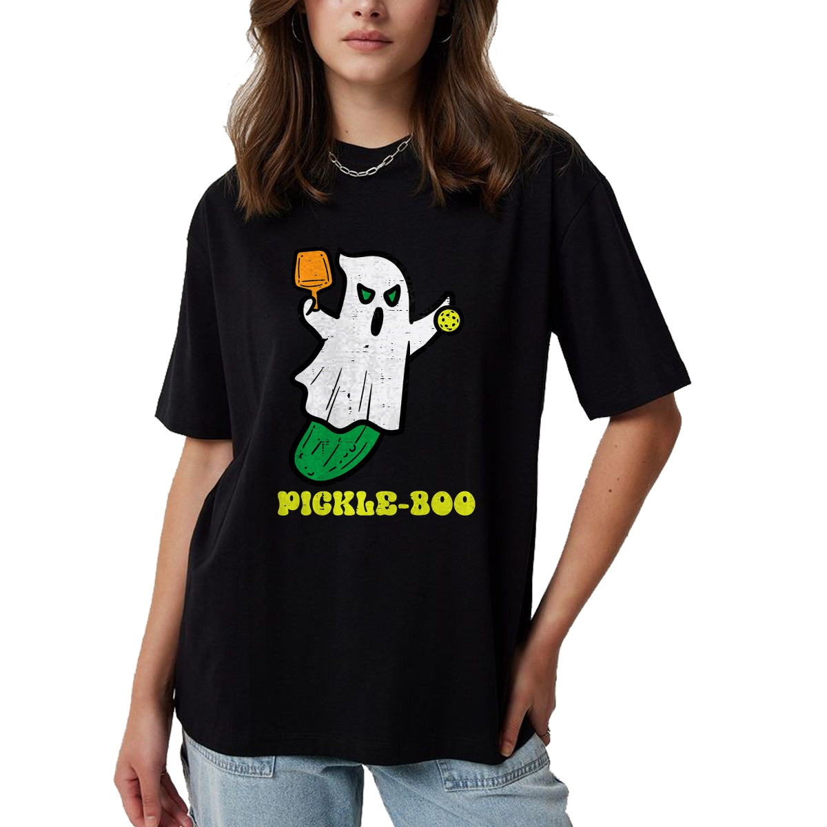 Funny Pickleball Shirt, Pickleball Lover Unisex T-Shirt/Hoodie/Sweatshirt HLT00 - Halloween Pickleball Pickle Boo Ghost Costume Men Women Kids T-Shirt