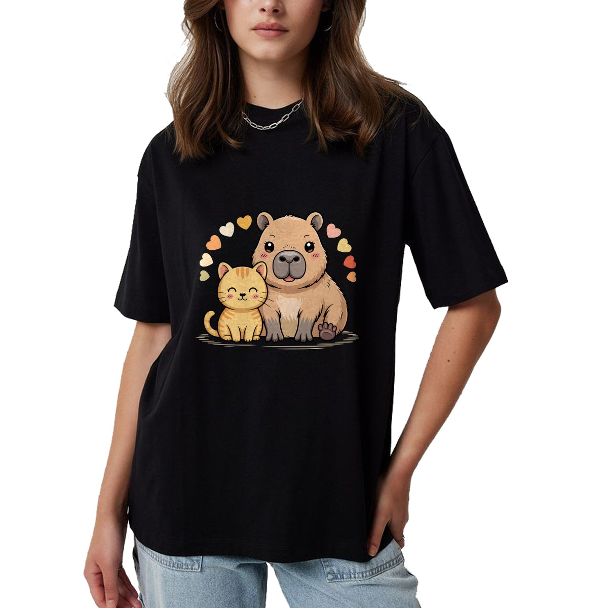 Cute Capybara Shirt, Funny Capybara Unisex T-Shirt/Hoodie/Sweatshirt HLT00 - Cute Cat and Capybara Friends Funny Pet Lovers Casual Wear T-Shirt
