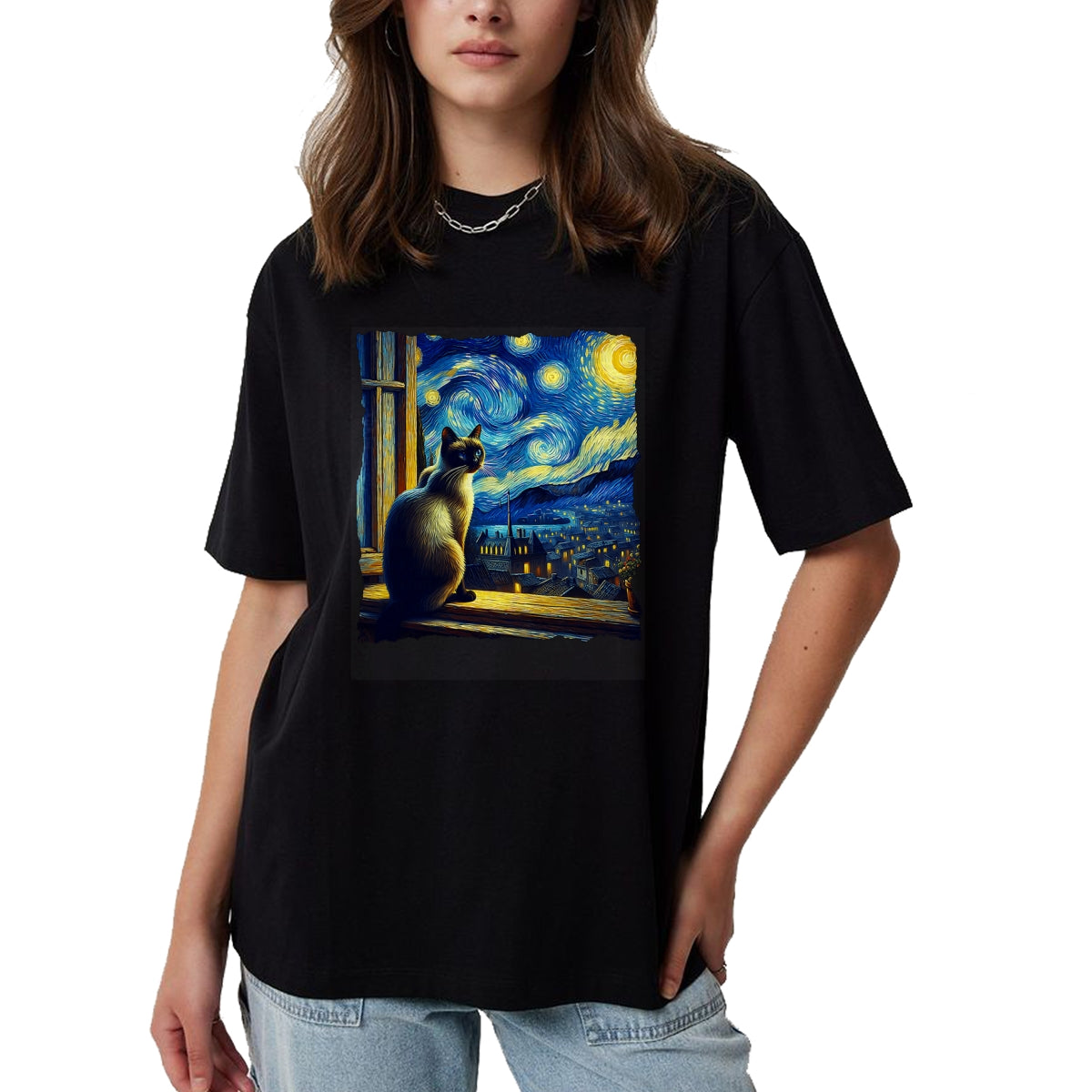 Cat Love Shirt, Funny Cat Lover Gift UnisexT-Shirt/Hoodie/Sweatshirt HLT00 - Cat Siamese Cat Starry Night Siamese T-Shirt (1)