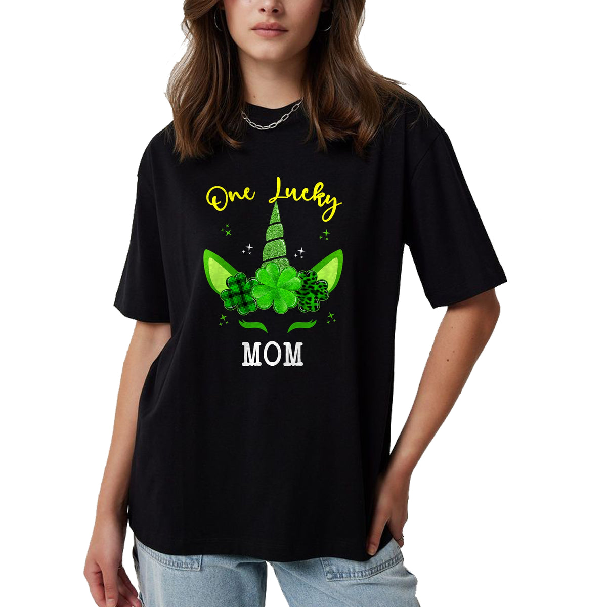 Gift for Mom Shirt, Funny Mom Unisex T-Shirt/Hoodie/Sweatshirt HLT00 - Leopard Shamrock Unicorn One Lucky Mom St Patricks Day T-Shirt