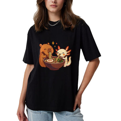 Cute Capybara Shirt, Funny Capybara Unisex T-Shirt/Hoodie/Sweatshirt HLT00 - Capybara with Axolotl Eats Noodles Ramen Kawaii T-Shirt, Men, Black, 3X-Large
