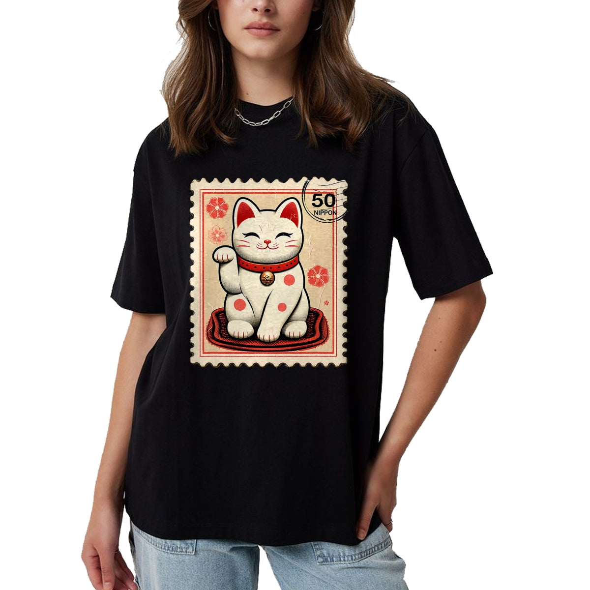 Cat Love Shirt, Funny Cat Lover Gift UnisexT-Shirt/Hoodie/Sweatshirt HLT00 - Maneki Neko Japanese Kawaii Lucky Cat Stamp Retro Aesthetic T-Shirt (1)