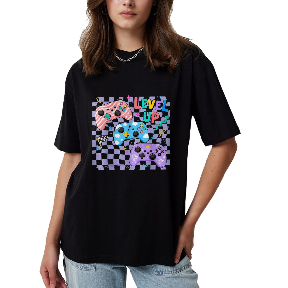 Best Student Shirt, Funny Back To School UnisexT-Shirt/Hoodie/Sweatshirt HLT00 - Retro Checkered Level Up Teacher Gaming Back to School T-Shirt, Women, Black, Large