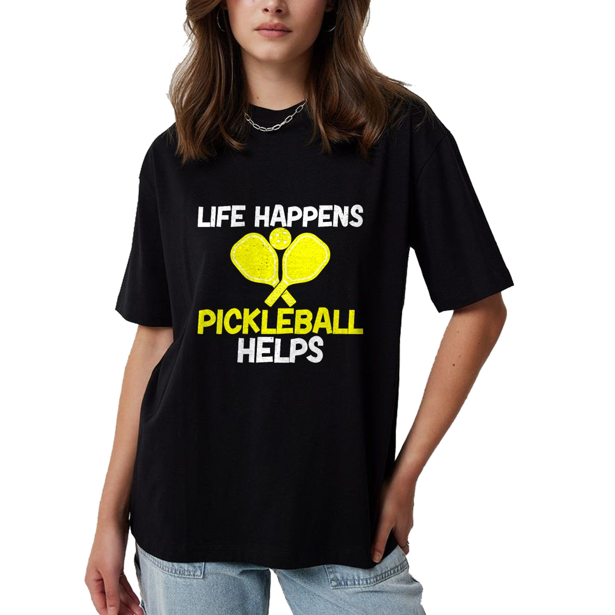 Funny Pickleball Shirt, Pickleball Lover Unisex T-Shirt/Hoodie/Sweatshirt HLT00 - Womens Life Happens Pickleball helps Pickleball V-Neck T-Shirt