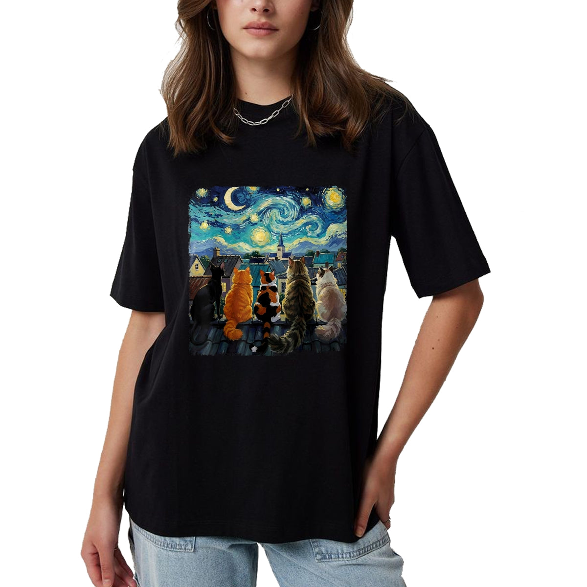 Cat Love Shirt, Funny Cat Lover Gift UnisexT-Shirt/Hoodie/Sweatshirt HLT00 - Funny Cat Starry Night Van Gogh Cats Rooftop Scene Feline T-Shirt, Women, Black, 3X-Large