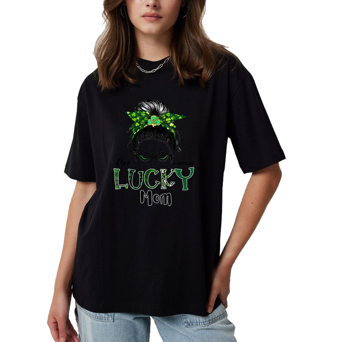 Gift for Mom Shirt, Funny Mom Unisex T-Shirt/Hoodie/Sweatshirt HLT00 - One Lucky Mom St Patricks Day Shamrock Messy Bun T-Shirt