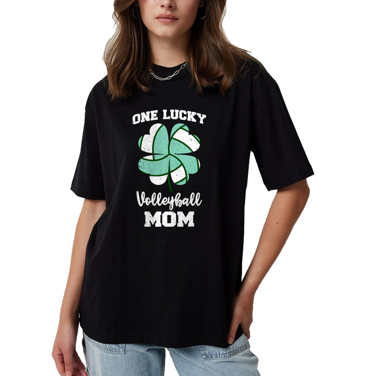 Gift for Mom Shirt, Funny Mom Unisex T-Shirt/Hoodie/Sweatshirt HLT00 - One Lucky Volleyball Mom Funny Volleyball Shamrock Clover T-Shirt