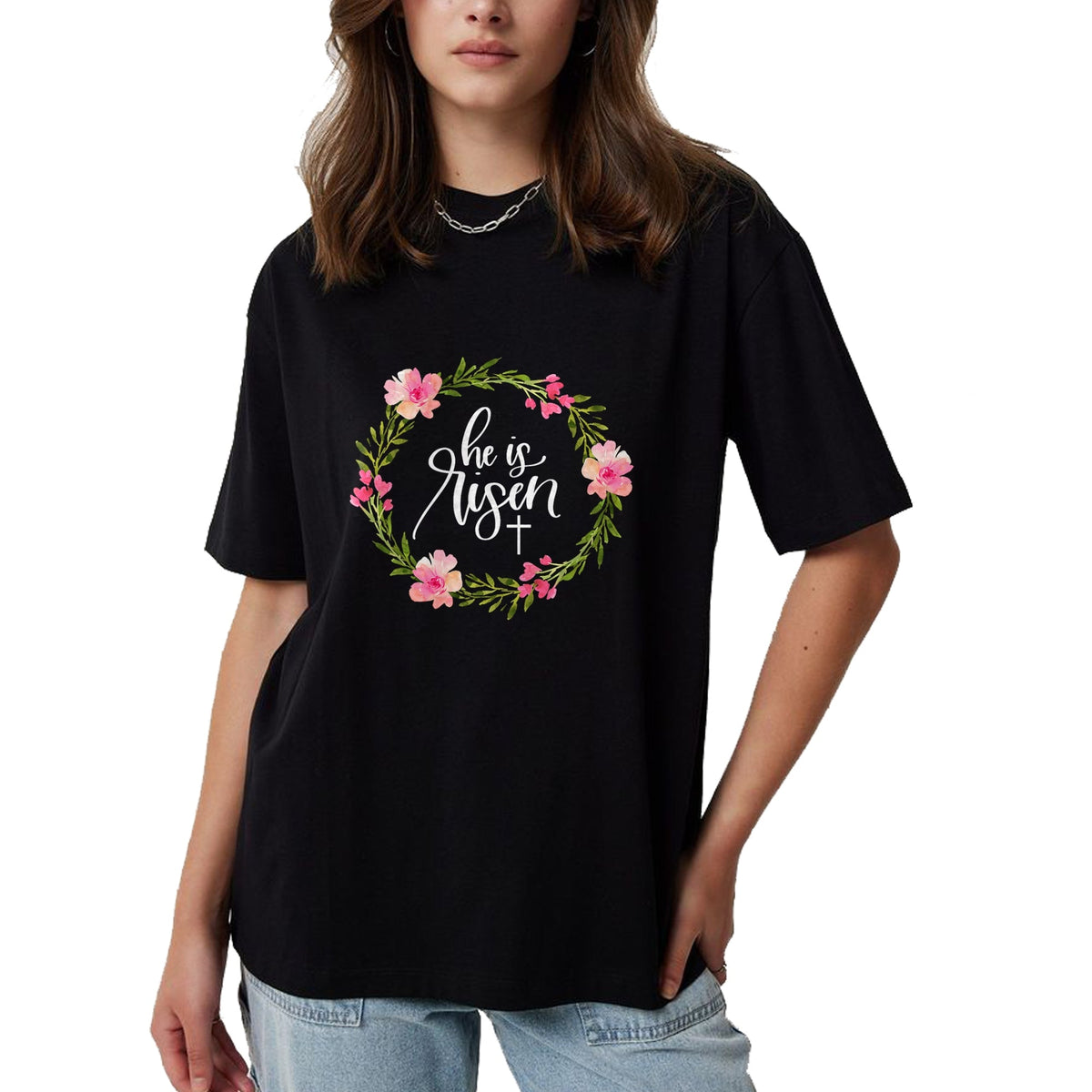 Christian Tee, Christian Faith Unisex T-Shirt/Hoodie/Sweatshirt HLT00 - He is Risen Jesus Christian Happy Easter Floral Wreath Shirt T-Shirt