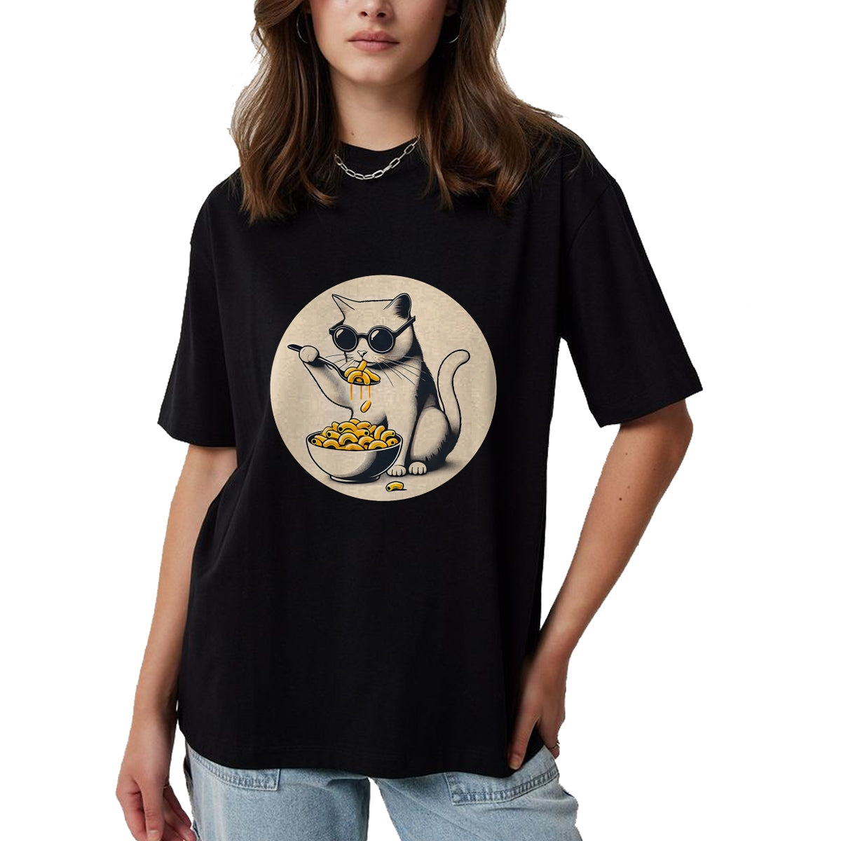 Cat Love Shirt, Funny Cat Lover Gift UnisexT-Shirt/Hoodie/Sweatshirt HLT00 - Cat Eating Mac and Cheese Men Women Girls Kids T-Shirt (1)