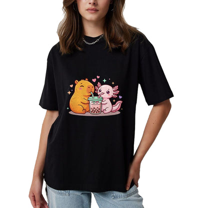 Cute Capybara Shirt, Funny Capybara Unisex T-Shirt/Hoodie/Sweatshirt HLT00 - Cute Capybara and Axolotl Bubble Tea Boba Girls Kawaii T-Shirt