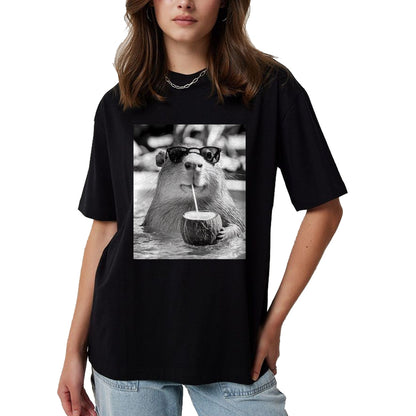 Cute Capybara Shirt, Funny Capybara Unisex T-Shirt/Hoodie/Sweatshirt HLT00 - Capybara Selfie with Sunglasses and Coconut Drink T-Shirt
