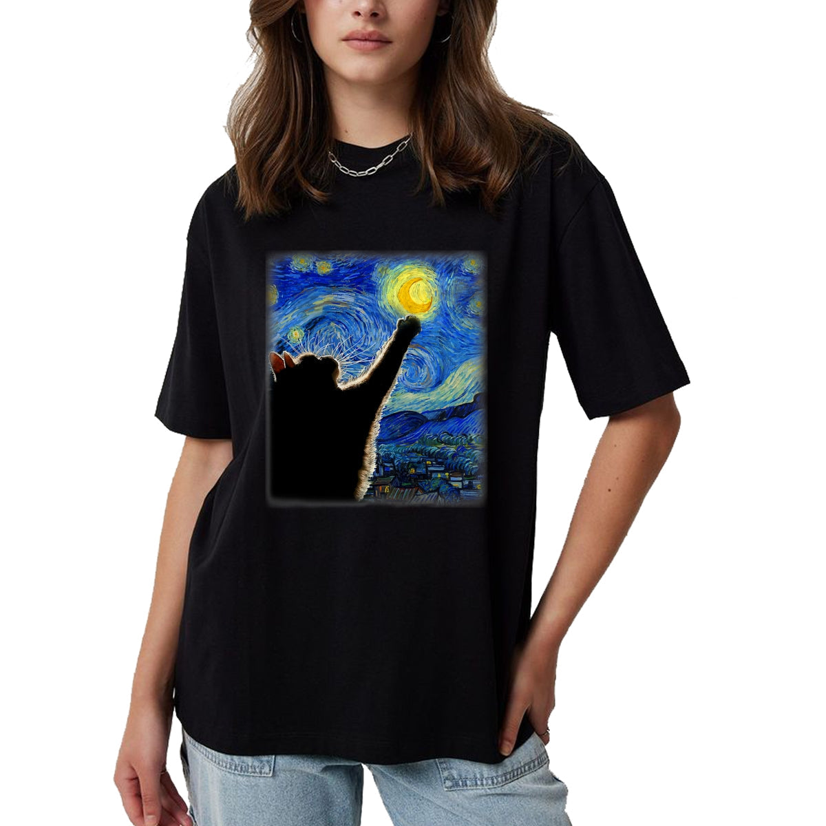 Best Thanksgiving Family Shirt , Funny Thanksgiving UnisexT-Shirt/Hoodie/Sweatshirt HLT00 - Starry Night Cat, Van Gogh Cat, Cat Lover, Cat Mom, Cat Dad T-Shirt, Black