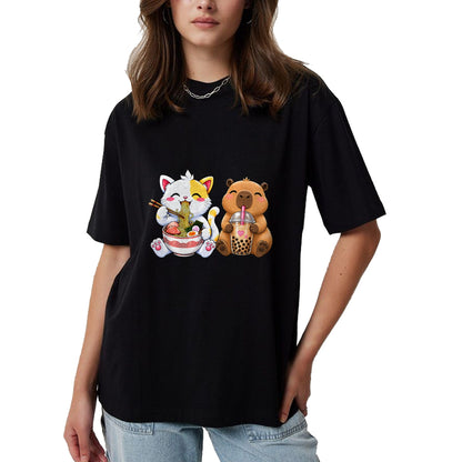 Cute Capybara Shirt, Funny Capybara Unisex T-Shirt/Hoodie/Sweatshirt HLT00 - Cute Cat Capybara Ramen Boba Kawaii Anime Noodle Bubble Tea T-Shirt