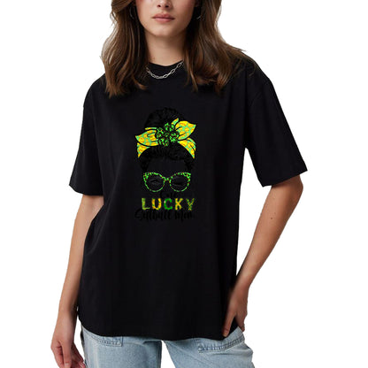 Gift for Mom Shirt, Funny Mom Unisex T-Shirt/Hoodie/Sweatshirt HLT00 - One Lucky Softball Mom Green Saint Patricks Day Messy Bun T-Shirt