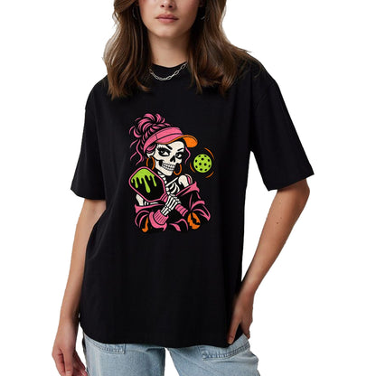 Funny Pickleball Shirt, Pickleball Lover Unisex T-Shirt/Hoodie/Sweatshirt HLT00 - Halloween Pickleball Skeleton Girls Women Halloween T-Shirt