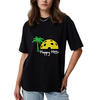 Funny Pickleball Shirt, Pickleball Lover Unisex T-Shirt/Hoodie/Sweatshirt HLT00 - Pickle Ball Happy Hour Palm Tree Pickleball Men Women Kids T-Shirt