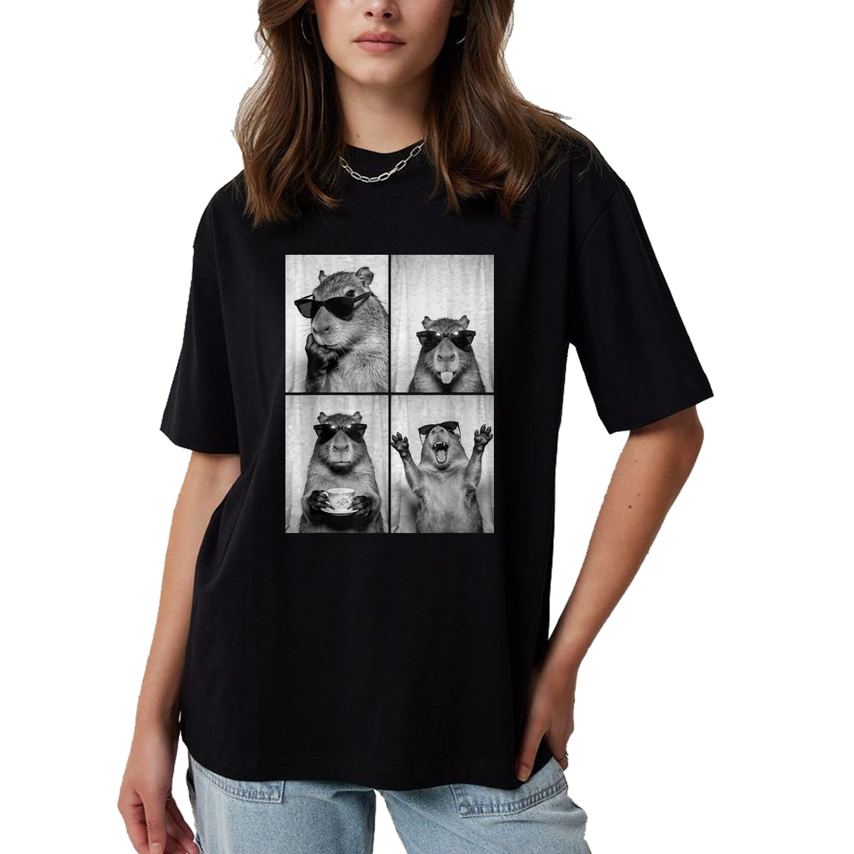 Cute Capybara Shirt, Funny Capybara Unisex T-Shirt/Hoodie/Sweatshirt HLT00 - Funny Capybara Photobooth, Capybara with Sunglasses, Rodent T-Shirt, Women, Black, X-Small
