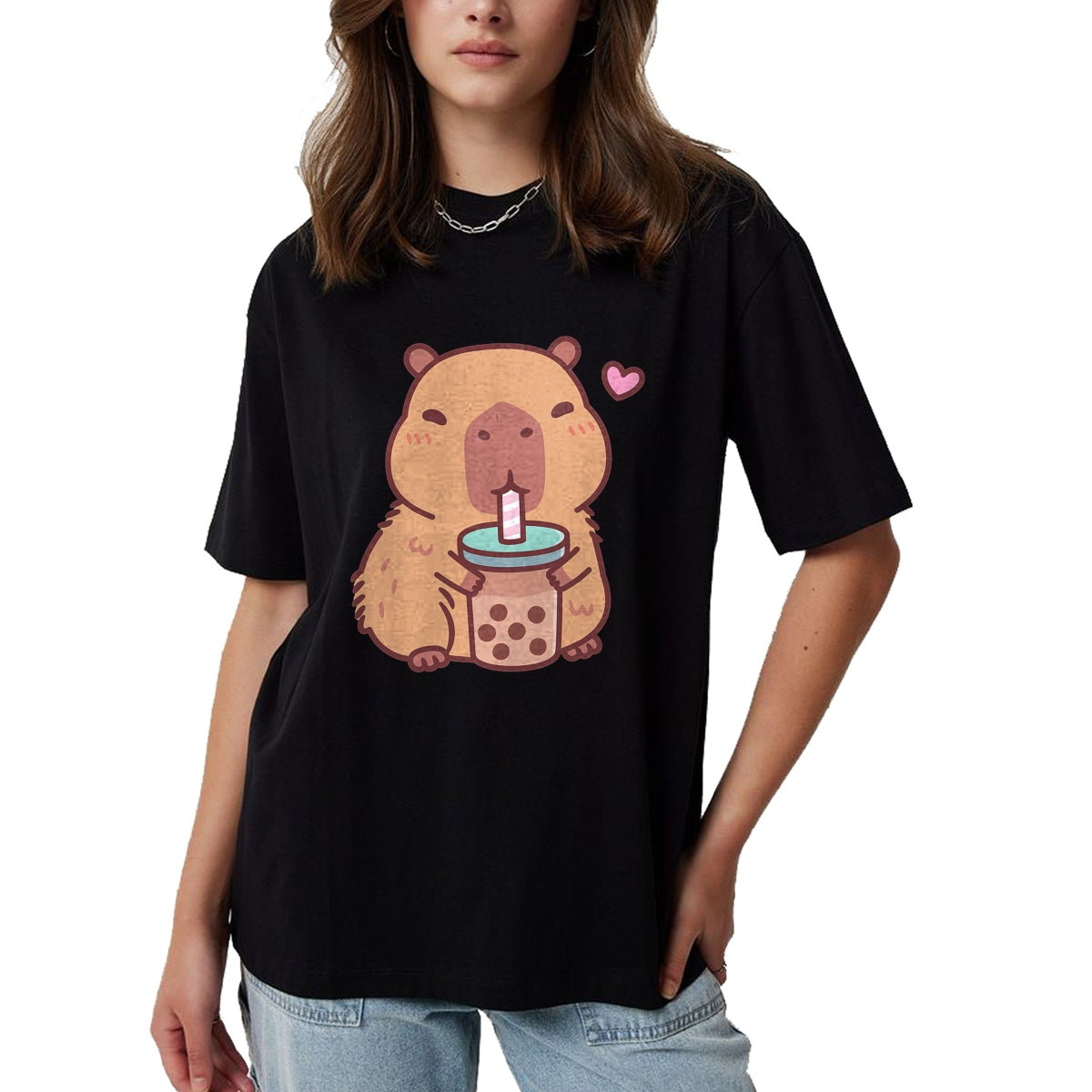 Cute Capybara Shirt, Funny Capybara Unisex T-Shirt/Hoodie/Sweatshirt HLT00 - Cute Capybara Kawaii Anime Drinking Bubble Tea Lover Girls T-Shirt