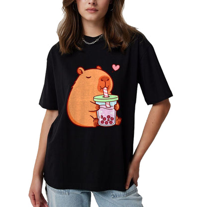 Cute Capybara Shirt, Funny Capybara Unisex T-Shirt/Hoodie/Sweatshirt HLT00 - Cute Capybara Kawaii Anime Girls Drinking Boba Tea Lover T-Shirt