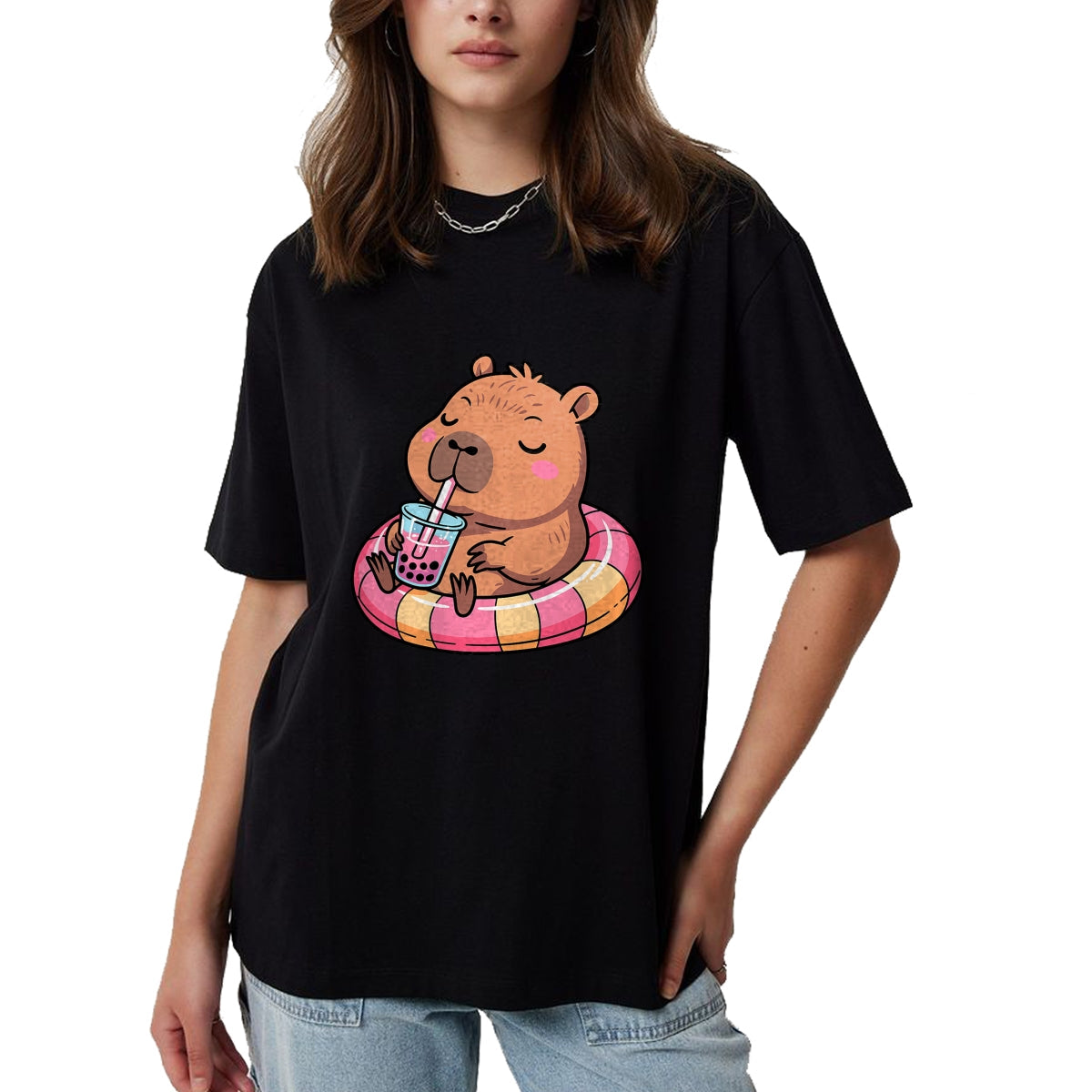 Cute Capybara Shirt, Funny Capybara Unisex T-Shirt/Hoodie/Sweatshirt HLT00 - Kawaii Capybara Bubble Tea Pool Float Teen Girls and Her Mom T-Shirt