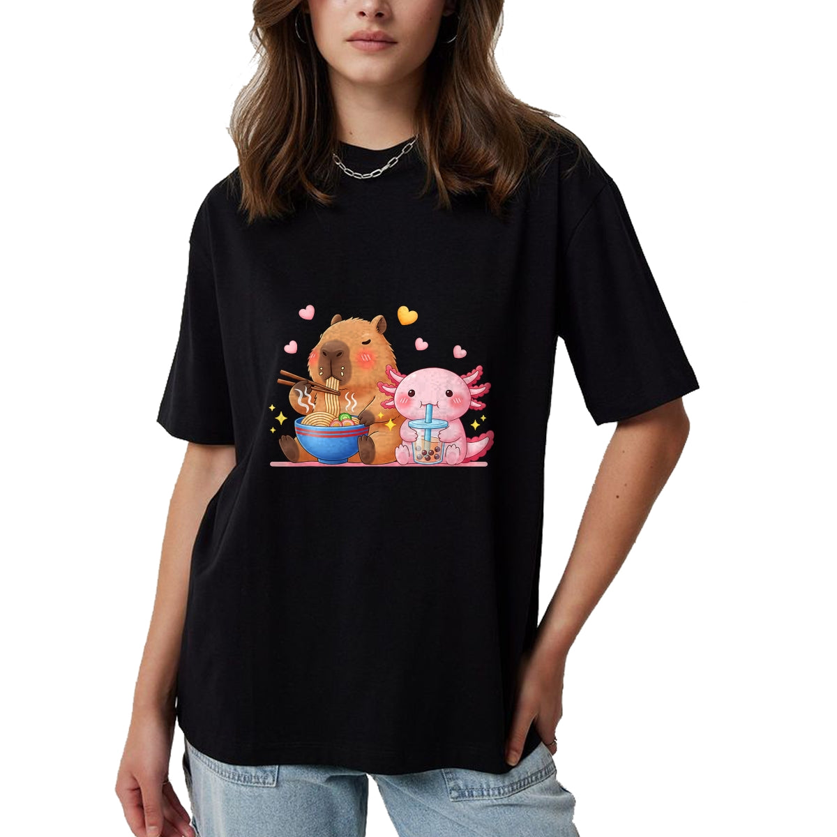 Cute Capybara Shirt, Funny Capybara Unisex T-Shirt/Hoodie/Sweatshirt HLT00 - Cute Capybara Ramen and Axolotl Boba Kawaii Boys Girls Kids T-Shirt