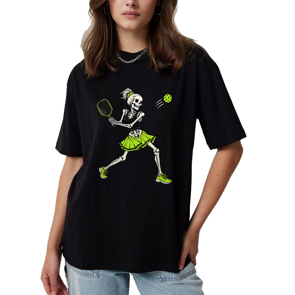 Funny Pickleball Shirt, Pickleball Lover Unisex T-Shirt/Hoodie/Sweatshirt HLT00 - Funny Pickleball Skeleton Halloween Sport Spooky Women Girls T-Shirt