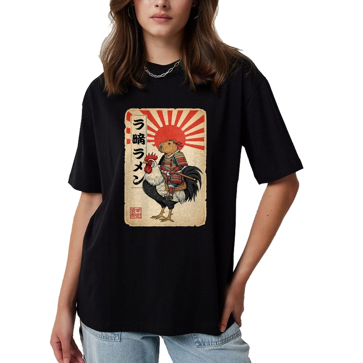 Cute Capybara Shirt, Funny Capybara Unisex T-Shirt/Hoodie/Sweatshirt HLT00 - Vintage Japanese Samurai Capybara Rooster Chicken Anime T-Shirt