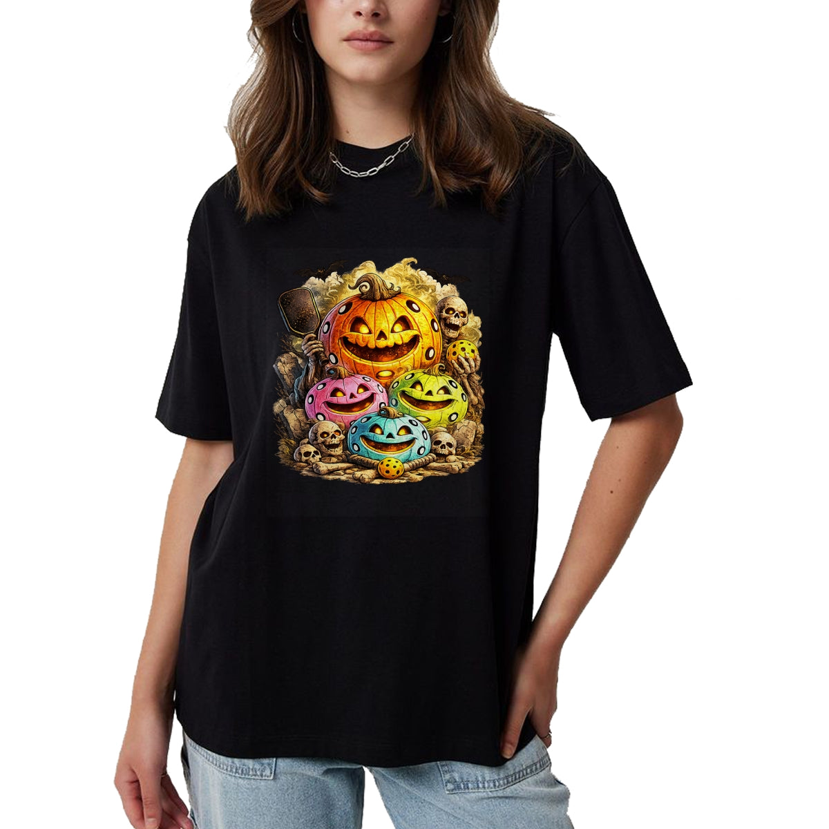 Funny Pickleball Shirt, Pickleball Lover Unisex T-Shirt/Hoodie/Sweatshirt HLT00 - Halloween Pickleball Pumpkins and Skeletons T-Shirt