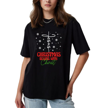 Christian Tee, Christian Faith Unisex T-Shirt/Hoodie/Sweatshirt HLT00 - Christmas Begins With Christ Cross Christian Religious Xmas T-Shirt