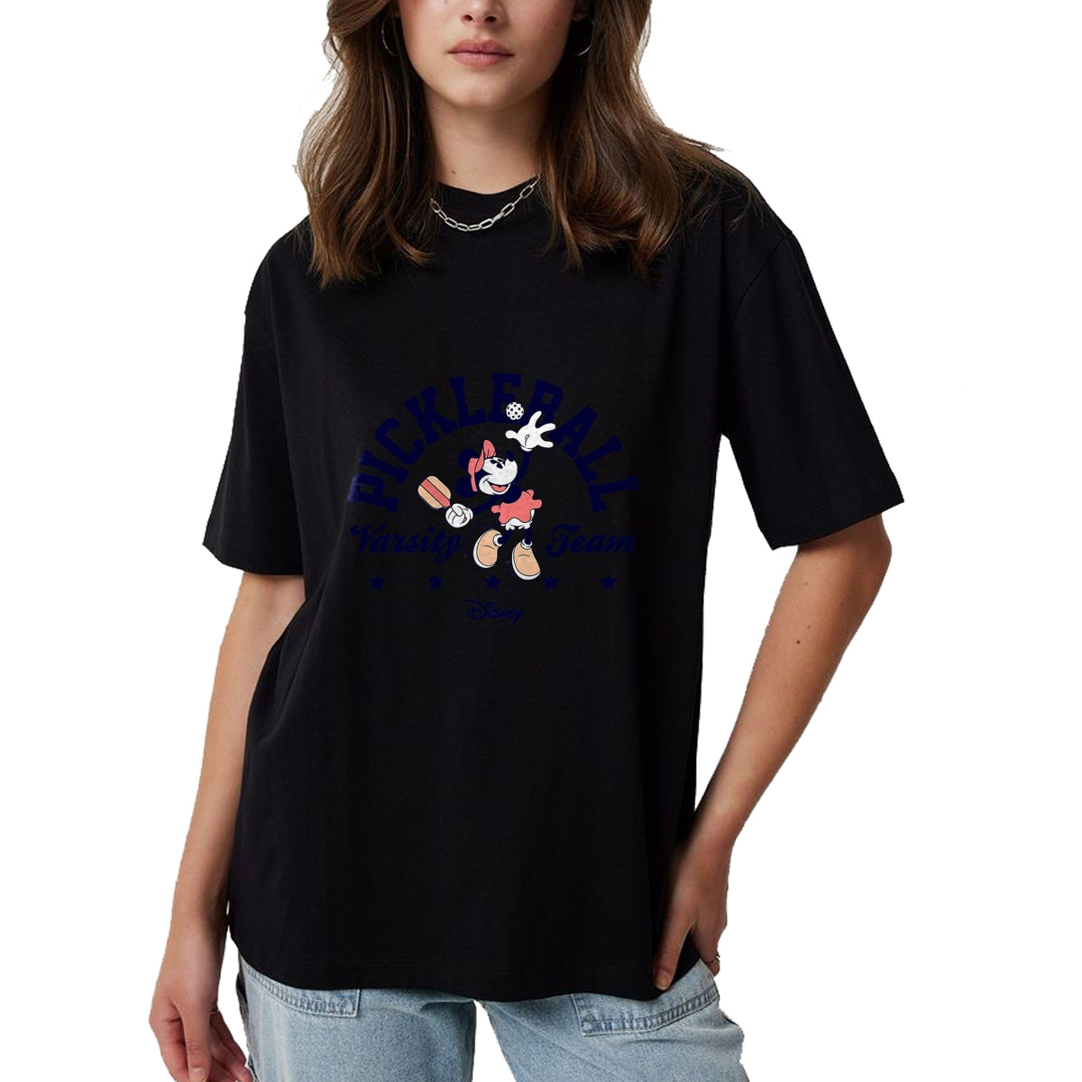 Funny Pickleball Shirt, Pickleball Lover Unisex T-Shirt/Hoodie/Sweatshirt HLT00 - Minnie Mouse - Pickleball Serve Varsity Team T-Shirt