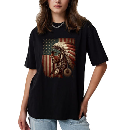 Native American T-Shirts, Vintage Native American Unisex T-Shirt/Hoodie/Sweatshirt HLT00 - Native American Indian Chief American USA Flag (1)