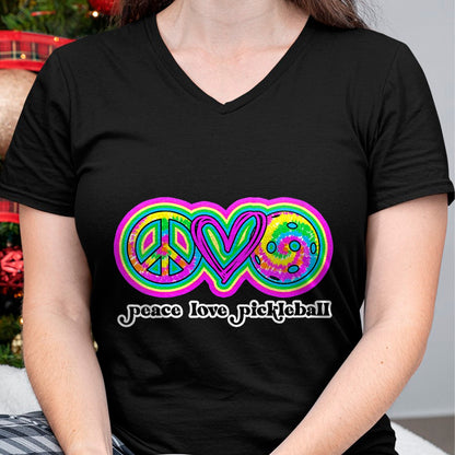 Funny Pickleball Shirt, Pickleball Lover Unisex T-Shirt/Hoodie/Sweatshirt HLT00 - Womens Funny Pickleball Shirts Women Retired Peace Love Pickleball V-Neck T-Shirt