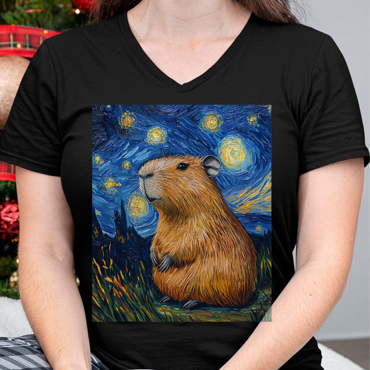 Cute Capybara Shirt, Funny Capybara Unisex T-Shirt/Hoodie/Sweatshirt HLT00 - Capybara Van Gogh Style Starry Night Funny Graphic T-Shirt