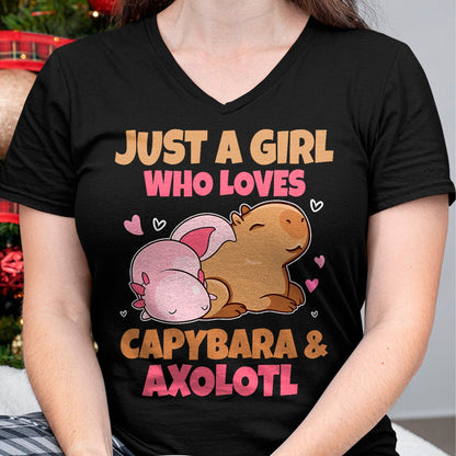 Cute Capybara Shirt, Funny Capybara Unisex T-Shirt/Hoodie/Sweatshirt HLT00 - Just A Girl Loves Capybara And Axolotl Salamander Lover T-Shirt