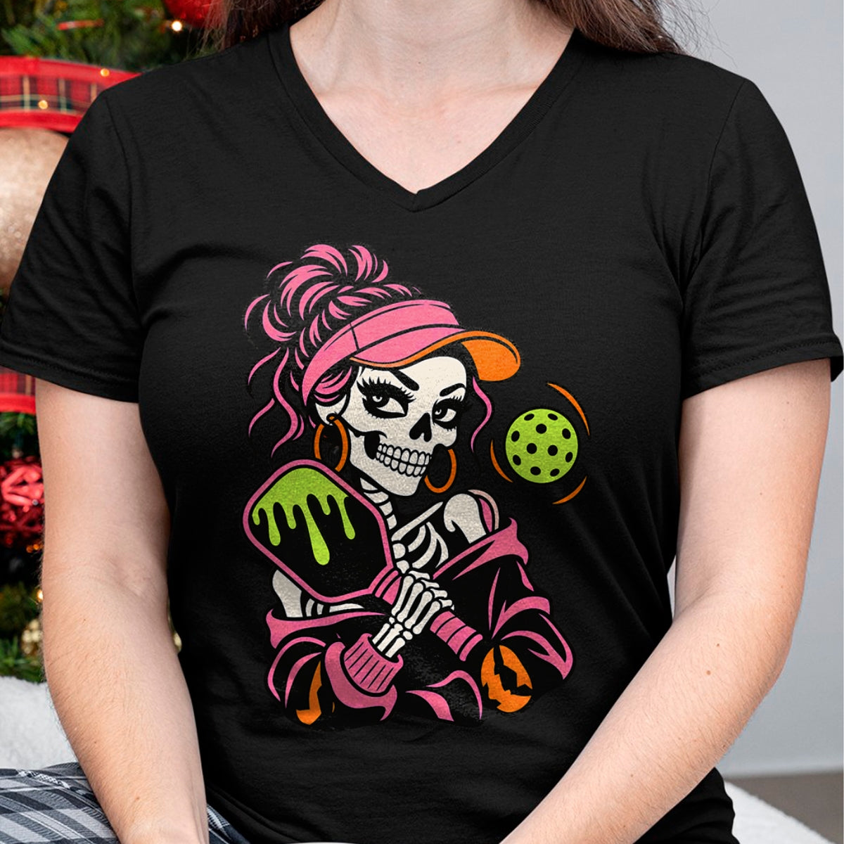 Funny Pickleball Shirt, Pickleball Lover Unisex T-Shirt/Hoodie/Sweatshirt HLT00 - Halloween Pickleball Skeleton Girls Women Halloween T-Shirt