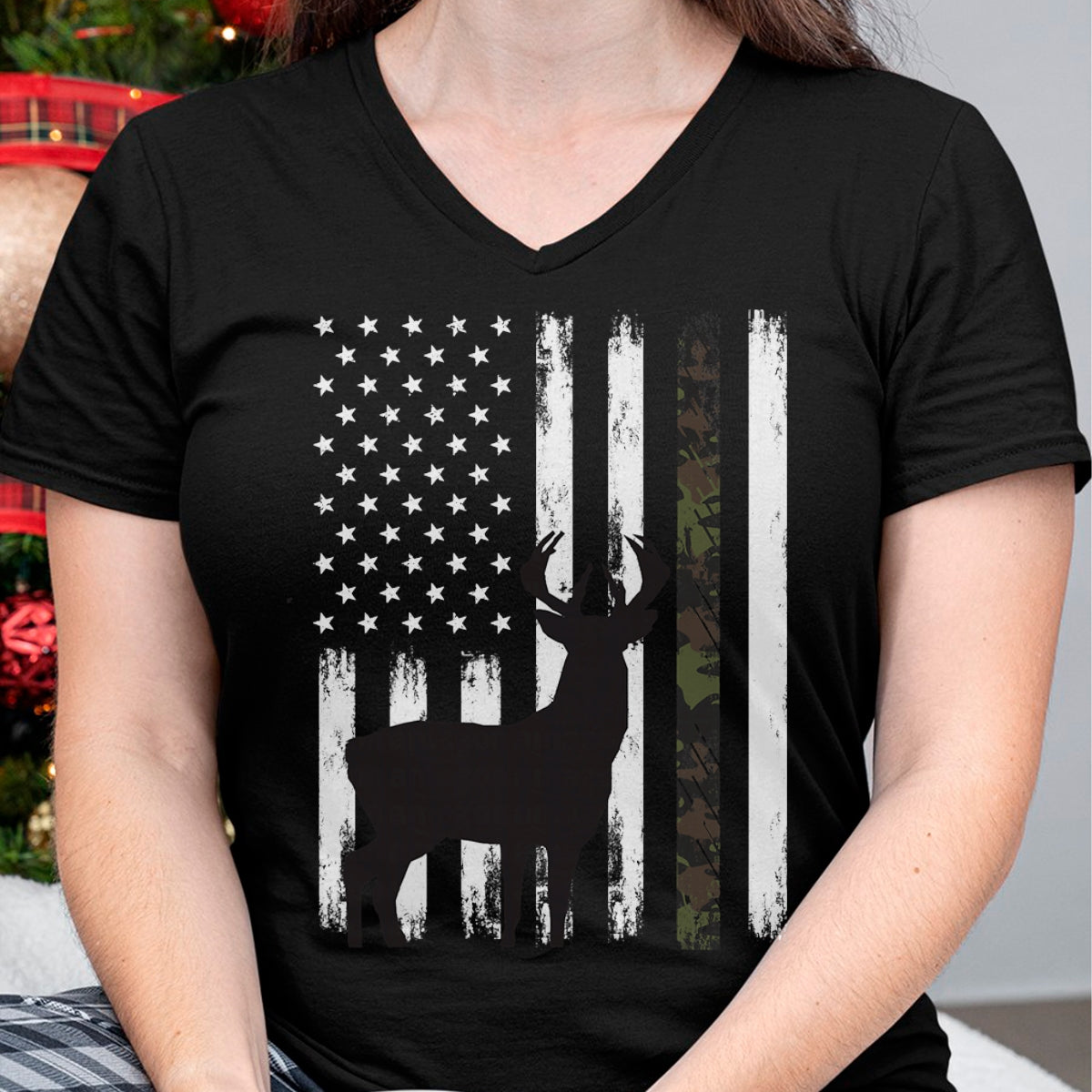 Funny Hunting Shirt, Gift For Hunting Lover Unisex T-Shirt/Hoodie/Sweatshirt HLT00 - Whitetail Deer Hunting Hunter Buck Camo American Flag USA T-Shirt