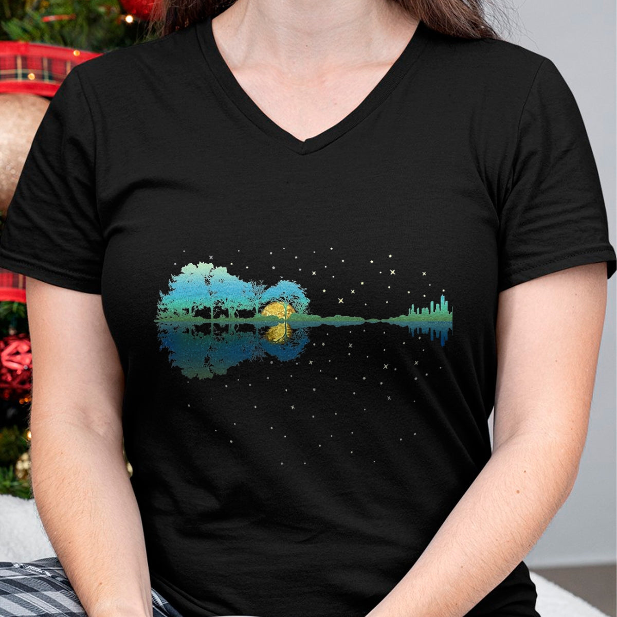 Guitar Lover Shirt, Funny Guitar UnisexT-Shirt/Hoodie/Sweatshirt HLT00 - Guitar Lake Reflections Night Sky and Moon Guitar T-Shirt, Men, Black, 3X-Large