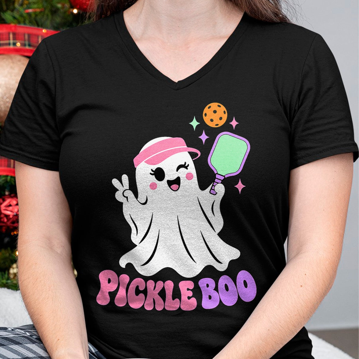Funny Pickleball Shirt, Pickleball Lover Unisex T-Shirt/Hoodie/Sweatshirt HLT00 - Halloween Pickleball Ghost Girls Women Pickleball Halloween T-Shirt