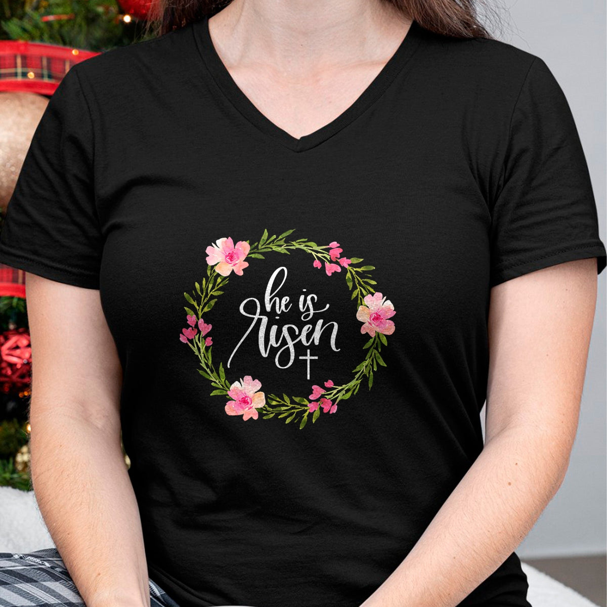 Christian Tee, Christian Faith Unisex T-Shirt/Hoodie/Sweatshirt HLT00 - He is Risen Jesus Christian Happy Easter Floral Wreath Shirt T-Shirt (1)