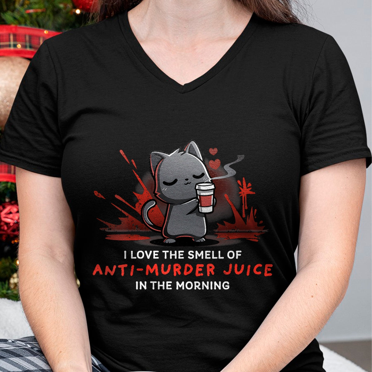 Cat Love Shirt, Funny Cat Lover Gift UnisexT-Shirt/Hoodie/Sweatshirt HLT00 - Womens Cat Drink Coffee I Love The Smell Of Anti Murder Juice V-Neck T-Shirt