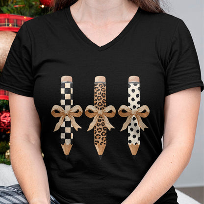 Best Teacher Shirt, Funny Teacher UnisexT-Shirt/Hoodie/Sweatshirt HLT00 - Preppy Leopard Pencil Bow Coquette Teacher Back to School T-Shirt